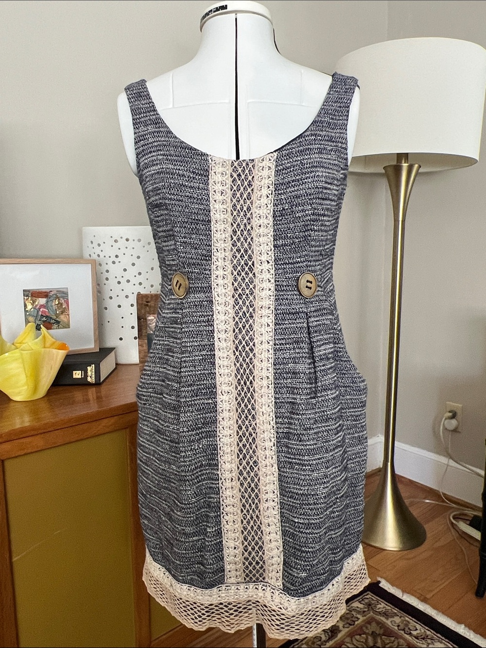 Nanette Lepore Navy & Cream Knit Shift Dress with Lace Trim